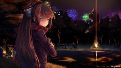 Rule 34 | 1girl, blunt bangs, brown hair, commentary, creatures (company), doki doki literature club, english commentary, fireworks, game freak, grass, green eyes, hair ribbon, jewelry, lake, lonely, long hair, monika (doki doki literature club), night, nintendo, ornate ring, outdoors, patreon username, pokemon, pokemon (creature), ponytail, ribbon, ring, sad, scarf, solo focus, striped clothes, striped scarf, takuyarawr, tree, water, wedding ring, white ribbon