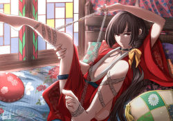 Rule 34 | 1boy, absurdres, arm up, backlighting, barefoot, blunt bangs, bound, bound legs, bow, brown eyes, brown hair, collar, expressionless, feet, funabashimika, hair bow, hand on own thigh, highres, indoors, japanese clothes, kimono, knee up, leg up, long hair, looking at viewer, male focus, male prostitution, open clothes, open kimono, original, pillow, reclining, red kimono, self bondage, side ponytail, solo, spread legs, thigh strap, trap, wide sleeves, window