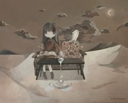 Rule 34 | 1girl, acrylic paint (medium), artist name, bird, black eyes, black footwear, book, bright pupils, brown eyes, brown hair, brown sky, brown theme, child, cloud, cockatoo, couch, crescent moon, cup, desert, dress, drink, female focus, flat chest, floral print, highres, holding, holding book, long hair, long sleeves, looking at viewer, milk, moon, mug, muted color, night, open book, open mouth, original, outdoors, outstretched arm, painting (medium), red dress, ripples, sand, sidelocks, signature, socks, solo, spilling, star (symbol), susutouka, swept bangs, traditional media, white pupils