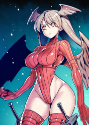 Rule 34 | 1girl, angel wings, belt, breasts, contrapposto, covered navel, curvy, elbow gloves, eyes visible through hair, final fantasy, final fantasy tactics, gloves, head wings, highleg, highleg leotard, hip focus, holster, large breasts, leotard, long hair, red gloves, red leotard, red thighhighs, ribbed leotard, silver hair, solo, sword, thigh holster, thighhighs, tukiwani, ultima (fft), underbust, weapon, wide hips, wings, yellow eyes