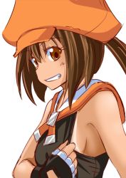 Rule 34 | 1girl, breasts, brown eyes, brown hair, fingerless gloves, gloves, grin, guilty gear, guilty gear xrd, hat, long hair, may (guilty gear), naughty face, orange hat, pirate hat, poncocchan, ponytail, sailor collar, sideboob, simple background, small breasts, smile, solo, tan, tanline