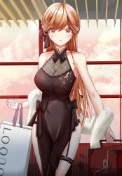 Rule 34 | 1girl, bad id, bad pixiv id, bag, bare shoulders, black dress, blonde hair, blush, breasts, cleavage, closed mouth, cloud, cloudy sky, collarbone, dress, feet out of frame, fur, girls&#039; frontline, hair ribbon, highres, holding, holding bag, long hair, looking at viewer, medium breasts, official alternate costume, ots-14 (girls&#039; frontline), ots-14 (sangria succulent) (girls&#039; frontline), ribbon, ryn (rinorea), sky, smile, solo, standing, yellow eyes
