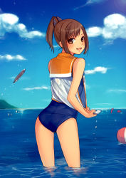Rule 34 | 10s, 1girl, ass, bad id, bad pixiv id, bare shoulders, blush, brown eyes, brown hair, from behind, hoshimachi, i-401 (kancolle), kantai collection, looking at viewer, looking back, machino (nidavellir), one-piece swimsuit, open mouth, personification, ponytail, sailor collar, school swimsuit, school uniform, short hair, short ponytail, smile, solo, swimsuit, swimsuit under clothes, torpedo, wading, wringing clothes