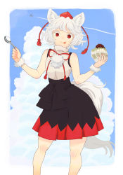 Rule 34 | 1girl, :p, animal ears, bare legs, bare shoulders, black skirt, contrapposto, eyebrows, high-waist skirt, highres, inubashiri momiji, jean (jean sp), pleated skirt, red eyes, shirt, short hair, skirt, sleeveless, sleeveless shirt, smile, solo, spoon, standing, tail, thick eyebrows, tongue, tongue out, touhou, white hair, wolf ears, wolf tail