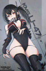 Rule 34 | 1girl, absurdres, azur lane, black gloves, black hair, black panties, breasts, bridal gauntlets, brown eyes, cameltoe, character name, clothes writing, covered face, covered navel, cross, crossed bangs, earrings, elbow gloves, from below, gloves, gluteal fold, groin, hair between eyes, highres, iron cross, jewelry, large breasts, leotard, looking at viewer, looking down, panties, panty pull, pulled by self, side ponytail, solo, standing, thighhighs, thighs, u-47 (azur lane), underwear, wide hips, xandier59, zipper