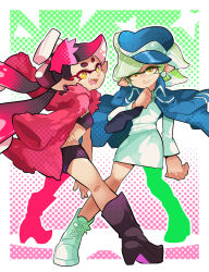 Rule 34 | + +, 2girls, @ @, black footwear, black hair, black shirt, black shorts, blue coat, blue hat, boots, brown eyes, callie (splatoon), closed mouth, coat, commentary, cousins, crop top, cross-laced footwear, earrings, english commentary, fangs, food, food on head, full body, gomipomi, grey hair, hand on own hip, hat, high heel boots, high heels, inkling, jacket, jacket on shoulders, jewelry, long hair, long sleeves, looking at viewer, looking back, marie (splatoon), miniskirt, mole, mole under eye, multicolored background, multiple girls, nintendo, object on head, open mouth, peaked cap, pencil skirt, pointy ears, polka dot, polka dot background, red coat, shirt, shoes, short hair, short jumpsuit, shorts, skirt, smile, sneakers, splatoon (series), splatoon 2, standing, tentacle hair, white footwear, white shirt, white skirt
