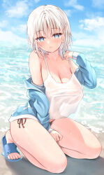 Rule 34 | 1girl, aqua eyes, bare legs, bare shoulders, bikini, bikini bottom only, black bikini, blue jacket, blush, breasts, camisole, cleavage, collarbone, hair ornament, hairclip, highres, huge breasts, jacket, kneeling, large breasts, long sleeves, looking at viewer, off-shoulder jacket, off shoulder, open clothes, open jacket, open mouth, original, sandals, see-through, see-through shirt, short hair, side-tie bikini bottom, sleeves past wrists, solo, sune (mugendai), swimsuit, toes, track jacket, wet, wet clothes, white camisole, white hair