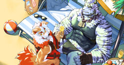 Rule 34 | 2boys, absurdres, alternate costume, animal ears, arknights, banana, bandaged hand, bandages, bara, beach, beard, black male swimwear, black tank top, blue eyes, brown fur, bulge, bulge to ass, chain necklace, covered erect nipples, cropped, cup, dog boy, dog ears, drinking glass, facial hair, fang, feet out of frame, food, from above, frown, fruit, furry, furry male, furry with furry, goatee, highres, horns, hung (arknights), jewelry, large bulge, large hands, large pectorals, large tail, lifeguard, looking at viewer, male focus, male swimwear, medium hair, midriff peek, mountain (arknights), multicolored hair, multiple boys, muscular, muscular male, mustache stubble, necklace, ocean, orange eyes, orange hair, outdoors, paid reward available, pectorals, sand, scar, scar across eye, scar on arm, shirt, short hair, single horn, streaked hair, stubble, sunlight, swim briefs, tail, tank top, taut clothes, taut shirt, thick eyebrows, thick thighs, thighs, tiger boy, tiger ears, tiger tail, two-tone fur, umbrella, uza (hellme), veins, veiny arms, water, white fur, white hair, wine glass, yaoi