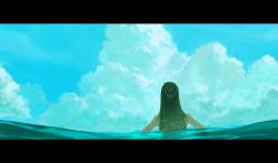 Rule 34 | 1girl, afloat, amo (silent bomb19), bad id, bad twitter id, black hair, blue sky, cloud, cloudy sky, day, facing away, from behind, highres, letterboxed, long hair, original, outdoors, partially submerged, sky, solo