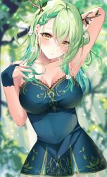 Rule 34 | 1girl, absurdres, antlers, arm up, armpits, blurry, blurry background, blush, braid, braided bangs, branch, breasts, ceres fauna, collarbone, dress, earrings, flower, forest, french braid, green hair, green nails, hair flower, hair ornament, highres, hololive, hololive english, horns, jewelry, leaf, long hair, medium breasts, mole, mole under eye, nail polish, nature, parted lips, single braid, sleeveless, sleeveless dress, solo, sosuke (yrmon), virtual youtuber, yellow eyes