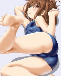 Rule 34 | 1girl, alternate costume, ass, bare arms, bare legs, barefoot, blue one-piece swimsuit, blush, brown eyes, brown hair, cameltoe, commentary, dd (ijigendd), feet, folded ponytail, foreshortening, highres, inazuma (kancolle), kantai collection, one-piece swimsuit, open mouth, school swimsuit, solo, swimsuit