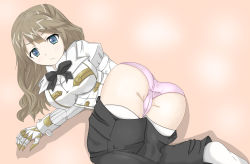 Rule 34 | 1girl, absurdres, arm support, ass, bad id, bad pixiv id, blue eyes, blush, breasts, brown hair, cameltoe, clothes pull, fate/apocrypha, fate (series), fiore forvedge yggdmillennia, frown, gold trim, highres, impossible clothes, impossible jacket, jacket, long hair, long sleeves, looking at viewer, looking back, lying, muturairi, orange background, panties, pants, pants pull, pink panties, simple background, thighhighs, underwear, white thighhighs