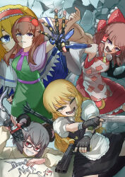 Rule 34 | 5girls, alice margatroid, animal ears, apron, black dress, blonde hair, blue eyes, braid, breasts, brown-framed eyewear, brown gloves, brown hair, capelet, closed mouth, collared shirt, commentary request, cookie (touhou), devil may cry (series), devil may cry 5, dress, dual wielding, feet out of frame, fingerless gloves, food-themed hair ornament, frilled hairband, frills, glasses, gloves, green dress, grey eyes, grin, gun, hair between eyes, hair ornament, hairband, hakurei reimu, handgun, hinshi (nicoseiga121432160), holding, ichigo (cookie), kirisame marisa, long hair, mechanical arms, medium breasts, mouse ears, mouse girl, multiple girls, muscular, muscular female, nazrin, necktie, nyon (cookie), one eye closed, open mouth, pink apron, pink capelet, pink necktie, pink sash, puffy short sleeves, puffy sleeves, purple eyes, red dress, red eyes, red hairband, rurima (cookie), sakuranbou (cookie), sash, shirt, short hair, short sleeves, side braid, single braid, single mechanical arm, smile, star (symbol), strawberry hair ornament, suzu (cookie), touhou, unusually open eyes, weapon, white shirt, yellow necktie