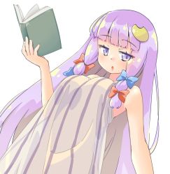Rule 34 | 1girl, :o, arnest, bare arms, bare shoulders, blue bow, blush, book, bow, breasts, crescent, crescent hair ornament, dress, grey dress, hair bow, hair ornament, hand up, holding, holding book, jitome, large breasts, long hair, looking at viewer, no headwear, parted lips, patchouli knowledge, purple eyes, purple hair, red bow, see-through silhouette, sidelocks, simple background, sleeveless, sleeveless dress, solo, striped clothes, striped dress, touhou, upper body, vertical-striped clothes, vertical-striped dress, very long hair, white background