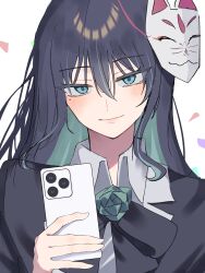 Rule 34 | 1girl, absurdres, ado (utaite), black bow, black bowtie, black coat, black hair, blue eyes, blue hair, bow, bowtie, cellphone, chando (ado), closed mouth, cloud nine inc, coat, collared shirt, colored inner hair, commentary, confetti, dress shirt, flower brooch, fox mask, hair between eyes, hashtag-only commentary, highres, holding, holding phone, looking at viewer, mask, mask on head, mole, mole under eye, multicolored hair, phone, shirt, simple background, smartphone, solo, tsukuno tsuki, two-tone hair, upper body, utaite, white background, white shirt