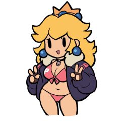 Rule 34 | 1girl, :d, bikini, black choker, black eyes, blank eyes, blonde hair, blue jacket, bowser logo, breasts, choker, cleavage, contrapposto, cropped legs, crown, double v, earrings, eyelashes, front-tie bikini top, front-tie top, fur-trimmed jacket, fur trim, hands up, heiyuu!, jacket, jewelry, long hair, looking at viewer, mario (series), medium breasts, navel, nintendo, no nose, open clothes, open jacket, open mouth, paper mario, pendant choker, pink bikini, princess peach, ribbon, simple background, smile, swimsuit, thighs, v, white background