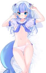 Rule 34 | 1girl, absurdres, artist request, blue eyes, blue hair, blunt bangs, blush, breasts, collarbone, fins, fish tail, gawr gura, hair ornament, highres, hololive, hololive english, long hair, looking at viewer, multicolored hair, nail polish, navel, panties, school uniform, shark girl, shark hair ornament, shark tail, short sleeves, side-tie panties, small breasts, solo, streaked hair, tail, two-tone hair, two side up, underwear, virtual youtuber, white background, white hair