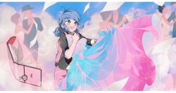 Rule 34 | black jacket, blazer, blue dress, blue eyes, blue hair, book, cloud, cloudy sky, dancing, dress, happy, highres, jacket, marinette dupain-cheng, miraculous ladybug, multiple boys, multiple girls, open mouth, paper, seio (nao miragggcc45), short twintails, sky, smile, twintails