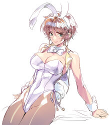 Rule 34 | 1girl, animal ears, aqua eyes, bare shoulders, blush, bow, bowtie, breasts, brown hair, brown pantyhose, cleavage, earrings, jewelry, large breasts, leotard, looking at viewer, matsuda (matsukichi), original, pantyhose, playboy bunny, rabbit ears, rabbit tail, short hair, sketch, smile, solo, tail, vest, wrist cuffs