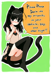 Rule 34 | 1girl, animal ears, black eyes, black hair, black thighhighs, blush, cat ears, cat tail, clenched hands, collarbone, dress, english text, flat chest, green background, hands on own chest, irony, night bird, nue (night bird), orange panties, panties, pantyshot, sad, simple background, sleeveless, solo, speech bubble, striped clothes, striped panties, tail, tears, thighhighs, underwear