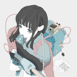 Rule 34 | 1girl, absurdres, amplifier, artist name, backpack, bag, black hair, blue eyes, blue footwear, blue shirt, blue shorts, cable, cat-shaped pupils, choppy bangs, collared shirt, electric guitar, from above, grey background, guitar, highres, holding, holding instrument, holding plectrum, instrument, jacket, long bangs, long hair, looking ahead, mouth hold, nocopyrightgirl, open clothes, open jacket, original, pale skin, plectrum, red jacket, sheet music, shirt, shoes, shorts, sidelocks, simple background, sleeves past wrists, solo, symbol-shaped pupils, trumpet