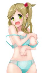 Rule 34 | 1girl, bad id, bad pixiv id, blue bra, blue panties, blush, bra, breast hold, breasts, brown hair, fang, green eyes, hair bobbles, hair ornament, highres, inuyama aoi, large breasts, long hair, looking at viewer, navel, nipples, open bra, open mouth, panties, side ponytail, skin fang, smile, solo, swept bangs, tears, thick eyebrows, underwear, underwear only, yuki nachi, yurucamp