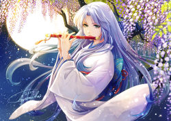 Rule 34 | 1girl, 2017, blurry, cowboy shot, depth of field, flower, flute, full moon, green eyes, holding, instrument, japanese clothes, kimono, light particles, long hair, long sleeves, looking at viewer, moon, music, night, night sky, obi, original, parted bangs, parted lips, playing instrument, sash, satochi (1122), signature, silver hair, sky, solo, standing, tassel, tree, very long hair, white kimono, wide sleeves, wisteria