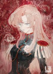 Rule 34 | 1girl, aiguillette, black jacket, blue eyes, breasts, chinese commentary, closed mouth, commentary, copyright name, dated, epaulettes, expressionless, faux traditional media, flower, high collar, highres, hj hikari0606, jacket, long hair, long sleeves, pink hair, red background, rose, shoujo kakumei utena, signature, small breasts, solo, tenjou utena, upper body, white flower, white rose