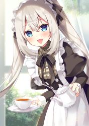 Rule 34 | 1girl, :d, apron, bad id, bad pixiv id, black bow, black bowtie, blue eyes, blush, bow, bowtie, commentary request, cowboy shot, cup, curtains, day, dress, fate/grand order, fate (series), grey hair, holding, holding cup, indoors, juliet sleeves, leaning forward, long hair, long sleeves, looking at viewer, maid, maid headdress, marie antoinette (animejapan 2016) (fate), marie antoinette (fate), official alternate costume, open mouth, plaid, puffy sleeves, smile, solo, sumisaki yuzuna, tea, teacup, teapot, twintails, white apron, window