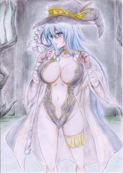 Rule 34 | 1girl, absurdres, alternate costume, aqua eyes, aqua hair, blush, breasts, cape, choker, colored pencil (medium), duel monster, covered erect nipples, female focus, fingerless gloves, gishki ariel, gloves, hat, highres, large breasts, midriff, navel, open mouth, reebi, solo, staff, traditional media, witch hat, yu-gi-oh!