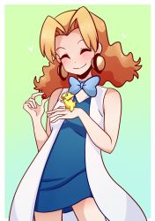 Rule 34 | 1girl, ^ ^, aged up, animal, animal on hand, blue bow, blue bowtie, blush, bow, bowtie, closed eyes, contrapposto, cowboy shot, creatures (company), earrings, game freak, gen 5 pokemon, jewelry, joltik, lab coat, long hair, long sleeves, molly hale, nintendo, non-web source, pokemon, pokemon (anime), pokemon (classic anime), pokemon (creature), pokemon 3: the movie - spell of the unown: entei, smile, standing
