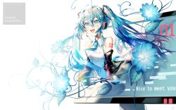 Rule 34 | 1girl, :d, black sleeves, blue eyes, blue hair, blue necktie, collared shirt, commentary request, detached sleeves, dress shirt, english text, hair between eyes, hatsune miku, headphones, headset, highres, long hair, long sleeves, monitor, necktie, open mouth, saihate (d3), shirt, simple background, sleeveless, sleeveless shirt, smile, solo, through medium, through screen, tie clip, very long hair, vocaloid, white background, white shirt, wide sleeves