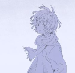 Rule 34 | 1girl, blue theme, closed mouth, commentary request, floating hair, highres, looking at viewer, monochrome, muji (uimss), original, scarf, short hair, smile, solo, sweater, upper body