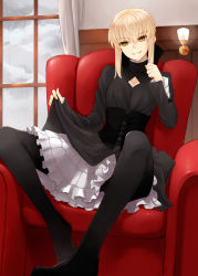 Rule 34 | 1girl, armchair, artoria pendragon (all), artoria pendragon (fate), black dress, black pantyhose, blonde hair, chair, dress, fate/stay night, fate/zero, fate (series), female focus, frills, gothic lolita, lolita fashion, official alternate costume, pantyhose, prime, red upholstery, saber (fate), saber alter, sitting, skirt, smile, solo