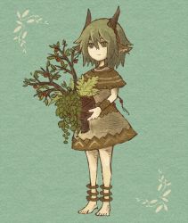 Rule 34 | androgynous, anklet, aqua background, barefoot, flower ornament, full body, gender request, green eyes, green hair, holding, horn ornament, horns, jewelry, matching hair/eyes, original, pixiv fantasia, plant, pointy ears, poncho, satsumai, simple background, sketch, skirt, skirt set, solo, tree, wrist cuffs