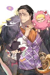 Rule 34 | 3boys, alcohol, anger vein, ascot, black cloak, black hair, black jacket, black pants, blonde hair, chibi, cigar, clenched teeth, cloak, closed eyes, collared shirt, crocodile (one piece), crossed legs, cup, donquixote doflamingo, dracule mihawk, drinking glass, facial hair, fur-trimmed jacket, fur trim, glass, grey eyes, hair slicked back, highres, holding, holding cigar, holding cup, hook hand, invisible chair, jacket, jacket on shoulders, jewelry, looking to the side, multiple boys, mustache, one piece, orange ascot, pants, print request, print vest, purple vest, red-tinted eyewear, ring, scar, scar on face, shirt, simple background, sitting, spoken anger vein, sunglasses, teeth, tinted eyewear, upper body, vest, white-framed eyewear, white background, white shirt, wine, wine glass, xuchuan
