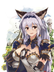 Rule 34 | 10s, 1girl, animal ears, armor, armored dress, blurry, braid, breast hold, breasts, brown eyes, cat ears, covering privates, covering breasts, depth of field, erune, gauntlets, granblue fantasy, hair between eyes, hair intakes, hair tubes, hairband, hand on own chest, heles, highres, long hair, looking at viewer, open mouth, pauldrons, shoulder armor, shy, silver hair, single braid, solo, pauldrons, very long hair, wavy mouth, white crow
