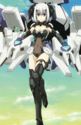 Rule 34 | 10s, absurdres, blue eyes, boots, cloud, date a live, highres, mecha musume, screencap, short hair, sky, solo, thigh boots, thighhighs, tobiichi origami, white hair