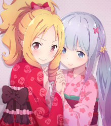 Rule 34 | &gt;:), 10s, 2girls, absurdres, blonde hair, blue hair, bow, brown eyes, drill hair, eromanga sensei, floral print, green eyes, hair bow, highres, holding hands, izumi sagiri, japanese clothes, kimono, kukie-nyan, long hair, looking at viewer, low twintails, multiple girls, pink bow, pink kimono, pointy ears, red bow, red kimono, silver hair, smile, twin drills, twintails, upper body, v-shaped eyebrows, yamada elf