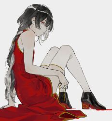 Rule 34 | 1boy, bishounen, black footwear, black hair, braid, chinese clothes, closed mouth, crossdressing, dm owr, dress, expressionless, from side, full body, hand on floor, hand on own leg, highres, knees up, long hair, looking at viewer, male focus, multicolored hair, on floor, original, red dress, red eyes, simple background, single bare shoulder, single braid, single sidelock, sitting, solo, thighhighs, two-tone hair, white thighhighs