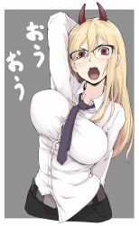 Rule 34 | + +, 1girl, arm behind back, arm behind head, bad anatomy, belt, bespectacled, black-framed eyewear, black pants, blue necktie, breasts, bursting breasts, chainsaw man, cross-shaped pupils, demon horns, dress shirt, fangs, frown, glasses, grey background, grey belt, highres, holding, horns, ina (gokihoihoi), large breasts, long hair, long sleeves, looking at viewer, loose necktie, necktie, open mouth, outside border, over-rim eyewear, pants, power (chainsaw man), red eyes, semi-rimless eyewear, sharp teeth, shirt, solo, standing, symbol-shaped pupils, teeth, translated, untucked shirt, white shirt