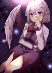Rule 34 | 1girl, absurdres, angel wings, beige jacket, blush, boots, bow, bowtie, breasts, commentary request, covering own mouth, cross-laced footwear, dress, feathered wings, hair between eyes, highres, invisible chair, kishin sagume, knees, long sleeves, looking at viewer, niningani ww, purple background, purple dress, red bow, red bowtie, red eyes, short hair, simple background, single wing, sitting, small breasts, solo, thighs, touhou, wings