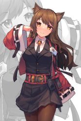 Rule 34 | 1girl, animal ears, arknights, black necktie, black pantyhose, black shirt, black skirt, breasts, brown hair, buttons, cat ears, collared shirt, commentary, cowboy shot, dress shirt, ear piercing, hand up, highres, jacket, long hair, looking at viewer, medium breasts, necktie, open clothes, open jacket, pantyhose, piercing, red jacket, shirt, signature, skirt, skyfire (arknights), smile, solo, straight-on, striped necktie, striped neckwear, undershirt, vertical-striped clothes, vertical-striped necktie, vertical-striped neckwear, white background, white necktie, white shirt, yellow eyes, yokura (yukilina), zoom layer