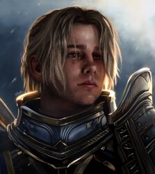 1boy absurdres anduin_wrynn armor blue_eyes blurry blurry_background breastplate closed_mouth commentary debris english_commentary hair_behind_ear highres looking_ahead male_focus parted_bangs pauldrons portrait realistic shoulder_armor shuploc solo warcraft world_of_warcraft