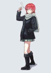 Rule 34 | 10s, 1girl, ;&gt;, black footwear, black jacket, blush, boots, clenched hand, closed mouth, fringe trim, full body, gufu (guffuumu), hair between eyes, hand in pocket, jacket, kantai collection, kinu (kancolle), long sleeves, looking at viewer, miniskirt, pleated skirt, red hair, scarf, short hair, simple background, skirt, solo, standing, winter clothes