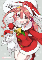 Rule 34 | 10s, 1girl, :d, ahoge, alternate costume, bell, crescent moon, hat, highres, kantai collection, long hair, looking at viewer, mittens, moon, naitou ryuu, open mouth, rabbit, red eyes, red hair, red mittens, santa costume, santa hat, smile, uzuki (kancolle)