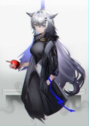 Rule 34 | 1girl, absurdres, ahoge, animal ears, arknights, black dress, black jacket, blue eyes, breasts, dress, eugle na, food, fruit, grey background, hair between eyes, hair ornament, hairclip, hand in pocket, highres, holding, holding food, holding fruit, jacket, lappland (arknights), lappland (refined horrormare) (arknights), long sleeves, looking at viewer, medium breasts, official alternate costume, open clothes, open jacket, scar, scar across eye, simple background, solo, wolf ears, wolf girl