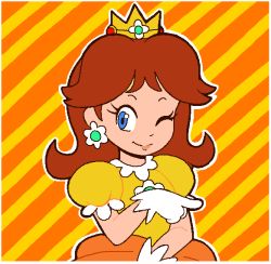 Rule 34 | 1girl, blue eyes, brooch, brown hair, closed mouth, cowboy shot, crown, diagonal stripes, dress, earrings, eyelashes, flipped hair, flower earrings, gloves, jewelry, lips, looking at viewer, loveboxf, mario (series), medium hair, nintendo, one eye closed, orange background, orange dress, outline, pointing, pointing to the side, princess, princess daisy, puffy short sleeves, puffy sleeves, short sleeves, smirk, solo, striped, striped background, super mario land, tomboy, white gloves, white outline, yellow background, yellow dress