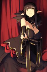 Rule 34 | black dress, black hair, breast hold, breasts, dress, fate/grand order, fate (series), highres, large breasts, pointy ears, red curtains, reibun (raven1119), semiramis (fate), smile, yellow eyes