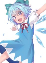 Rule 34 | 1girl, asa (coco), blue dress, blue eyes, blue hair, blue ribbon, bow, cirno, dress, dress shirt, hair bow, ice, ice wings, open mouth, outstretched arms, outstretched hand, puffy short sleeves, puffy sleeves, ribbon, shirt, short hair, short sleeves, solo, touhou, white shirt, wings